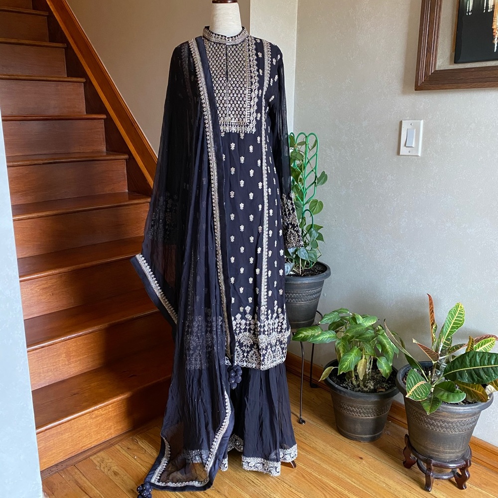 Indian/ Pakistani Black Embroidered Sharara Suit Set
